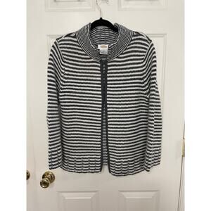Talbots Striped Wool (Merino, Lambs Wool) Angora Cardigan| Dk Grey Off White | L
